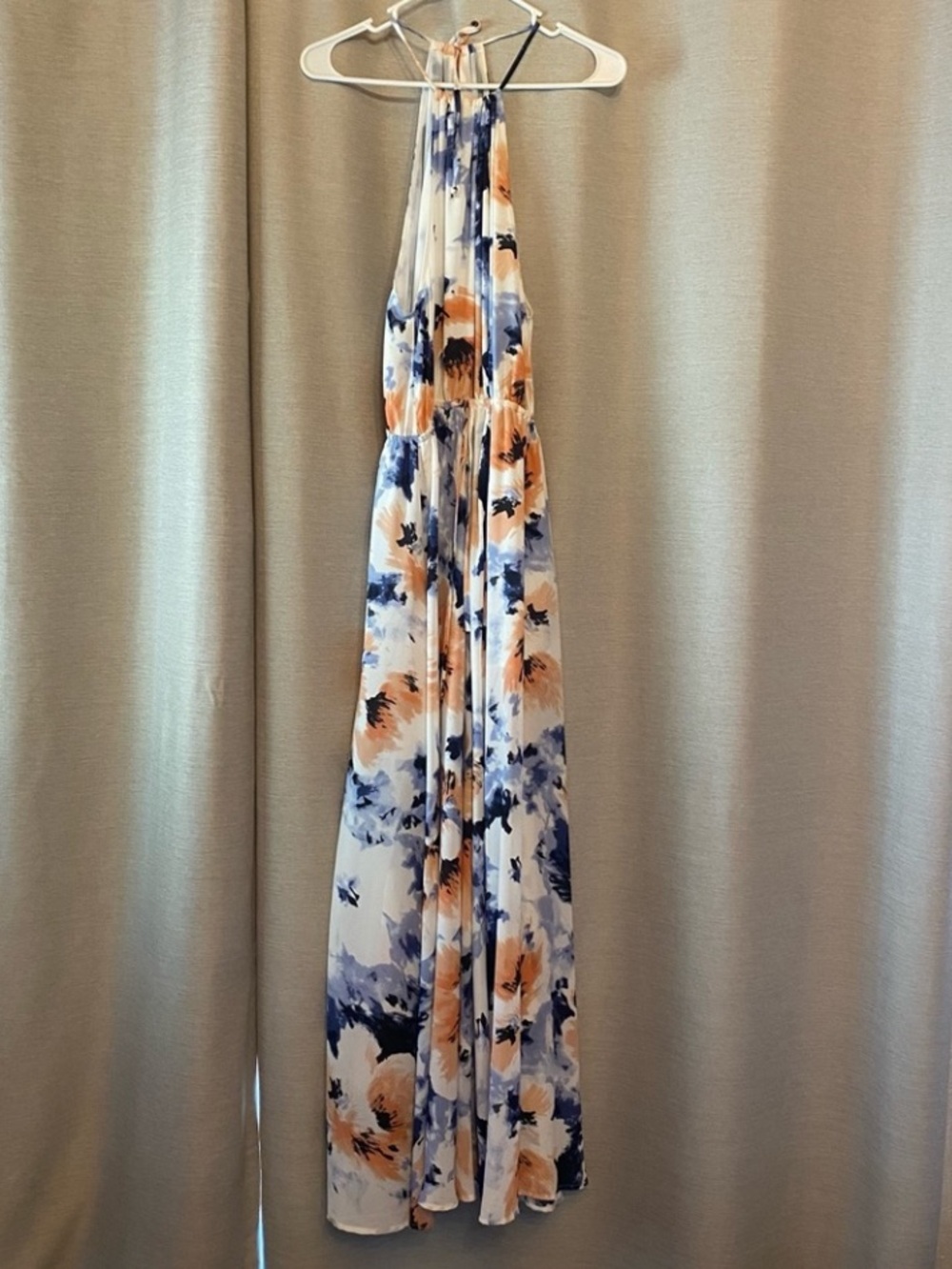 Lulus Watercolor Floral Halter Maxi Dress in White, Navy & Peach